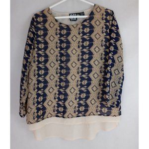 RU Apparel Women's Blue & Tan Lined Sheer  Blouse Size Small